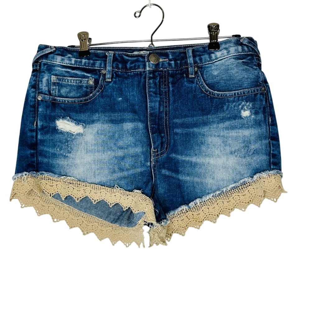 Free People Blue Denim Lace Trim Jean Shorts - Picture 2 of 10